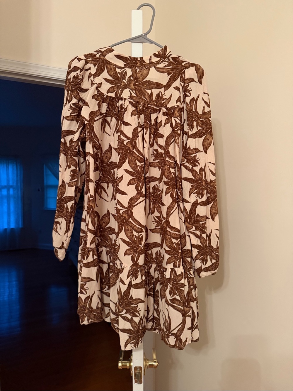 Love republic Size M Long Sleeve Floral Print Babydoll Dress - Cream & Brown